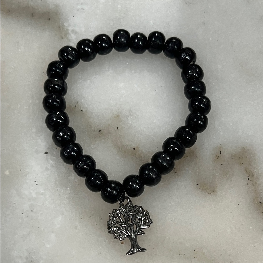Black Beaded Bracelet with Tree Charm